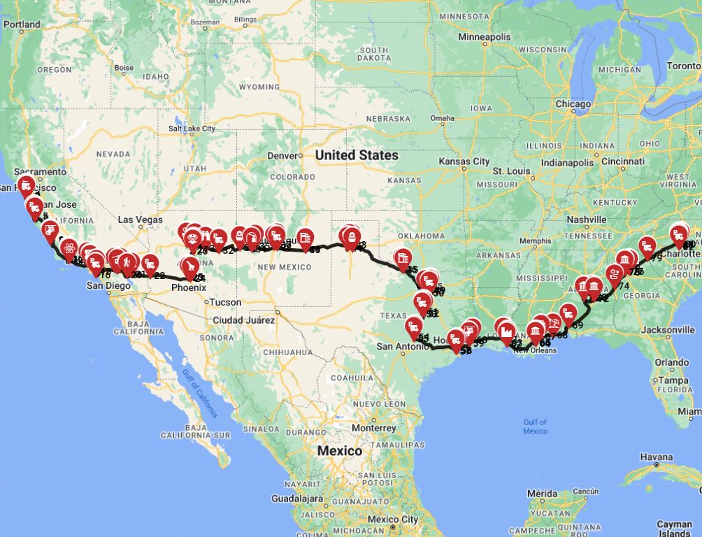 Motorhome route planner for RV trip from San Francisco to Charlotte